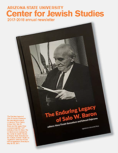 2017-2018 Jewish Studies annual report cover, featuring a book cover, with black and white image of Salo Baron reading