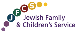 Jewish Family and Children's Services Logo made of color circles in an arc with purple text