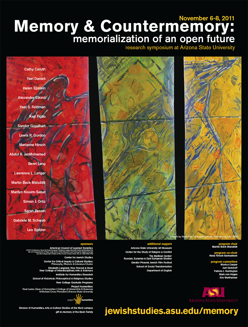 symposium poster prominently featuring red, yellow and green abstract art involving Jewish symbols