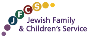Jewish Family and Children's Services Logo made of color circles in an arc with purple text